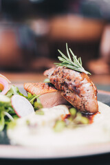 Delicious piece of meat on a plate garnished with herbs