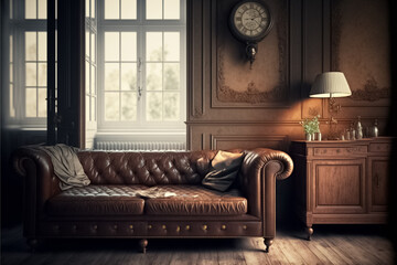 Old vintage interior with leather sofa, living room. Luxury livingroom. generative AI
