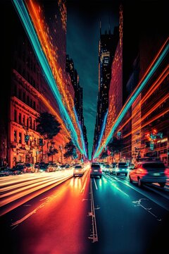 City street at night with colorful light trails - Generative AI image