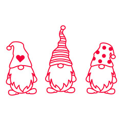Cute gnomes for Valentine day. Outline doodle pink cutout style.