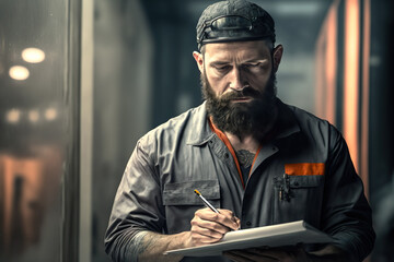 Obraz premium Portrait of professional metal industry worker making some notes in factory. Photorealistic image made by generative AI based on real photo