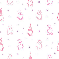 Valentine Day gnomes and hearts on white cute background. Seamless pattern with pink love elfs for fabric, wrap paper or kids apparel