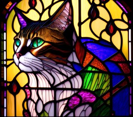Stained Glass Window Portrait of Cat, Generative AI Illustration