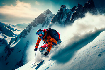 Skiing in action. Sportsman in ski suit. Skiing high in the mountains. High speed. Beautiful mountains. Generative AI