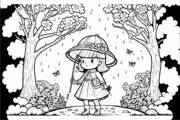 Fototapeta na wymiar Girl with Umbrella Illustration for Coloring book page for adults and kids - Generative AI