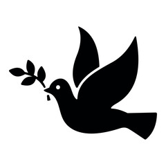 Dove with branch symbolizing peace and freedom. Line pigeon icon illustration.	