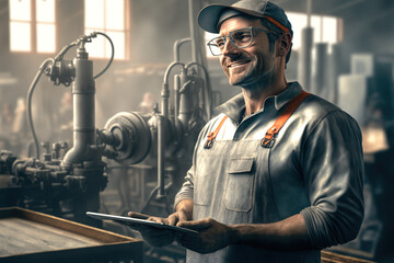 Obraz na płótnie Canvas Portrait of a smiling metal industry worker in workwear with touchpad at factory. Photorealistic image made by generative AI based on real photo