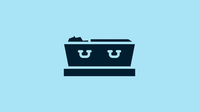 Blue Open coffin with dead deceased body icon isolated on blue background. Funeral after death. Corpse in an open hearse for burial. 4K Video motion graphic animation