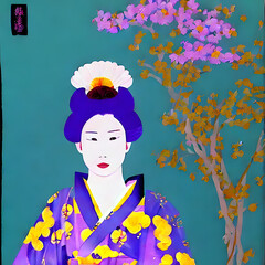 Eine japanische Frau im traditionellen Kimono. Geisha. Blumen im Hintergrund. ai generiert