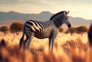 Obraz premium Zebra portrait. Wild animal in nature. Generative Ai Art.