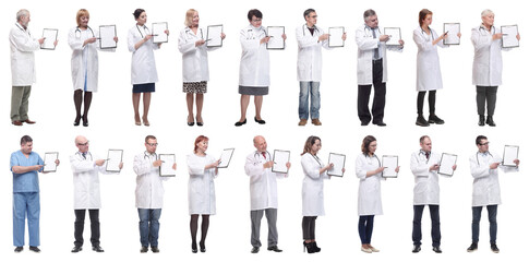 full length group of doctors with notepad isolated
