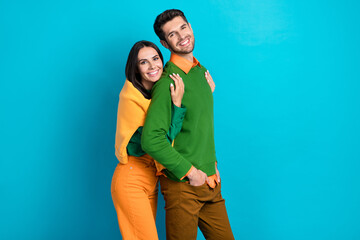 Photo of two people sweethearts cozy cuddle true love concept isolated on blue color background