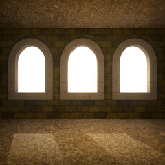 Backdrop of a room of an old castle, palace, or medieval environment with three windows with semicircular arches isolated on empty background. 3D Rendering