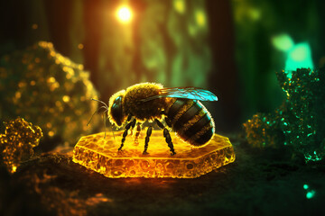 A bee hard at work, building wax comb inside a hive, with drops of honey on its body
