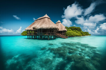 Maldives islands water bungalow and blue ocean lagoon 