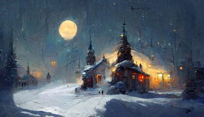 Christmas snow on a cold night illustration Generative AI Content by Midjourney