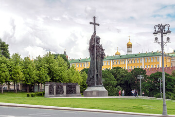 Fototapeta na wymiar Monument to the Holy Equal-to-the-Apostles Prince Vladimir on Borovitskaya Square, Moscow. Russia July 2020