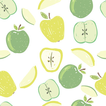 Vector doodle apple seamless pattern. Colorful vector doodle hand drawn background with summer fruits for kitchen textile, fabric, paper. Vegan, farm, natural food. Simle minimalist abstract design