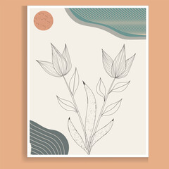 Fototapeta na wymiar Botanical wall art vector. Earth-tone boho foliage line art drawing with abstract shapes. Abstract Plant Art design for print, cover, wallpaper, and Minimal and natural wall art.