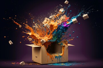 Cardboard box package surprise idea with colorful splash ink. Creative concept of out of the box thinking. Generative AI