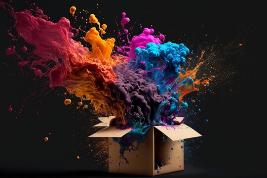 Cardboard Box Package Surprise Idea With Colorful Splash Ink. Creative Concept Of Out Of The Box Thinking. Generative AI