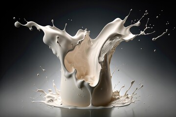 Exploding milk splash against Black Background in slow motion. Milky white liquid dripping splashing wave. Generative AI