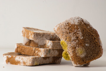 Moldy sliced Bread, close-up photo on a light background