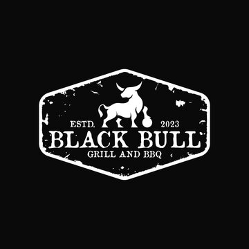 silhouette of bison bull buffalo angus playing football with vintage retro classic rustic grunge hipster hexagon label stamp badge emblem suitable for steak bbq barbecue grill house logo design