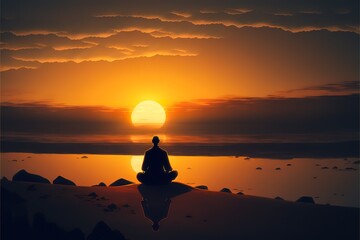 Naklejka na ściany i meble Meditation at sunset. Generative AI