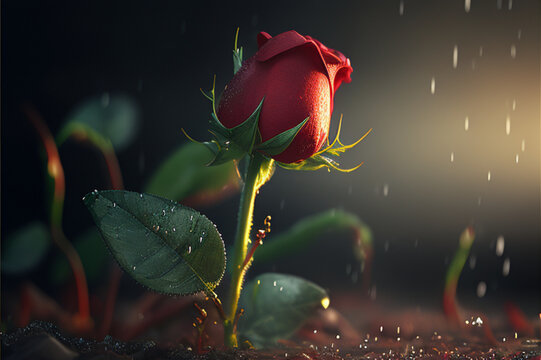Una Rosa Roja en lluvia - One Red Rose Rain effect Background - Generative AI