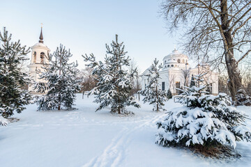 Fototapeta na wymiar Winter in Pushkin. View of Sophia (Ascension) Cathedral in Pushkin in winter, St. Petersburg, Russia