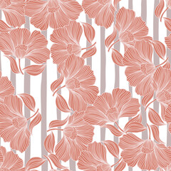 Abstract floral line seamless pattern in retro style. Delicate vintage outline flower endless background.