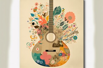 Guitar musical illustration. trendy art paper collage design. Generative AI