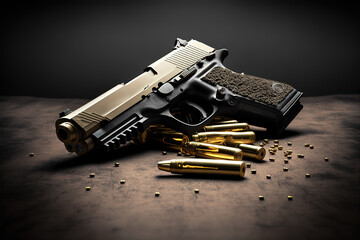 Hand gun with ammunition on dark background. 9 mm pistol military weapon and pile of bullets ammo at the metal table - obrazy, fototapety, plakaty