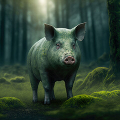 A green pig standing in a forest clearing. Created with Generative AI.