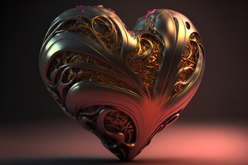 Heart shape by metal with golden decor. Creative heart symbol. Love concept. generative AI.