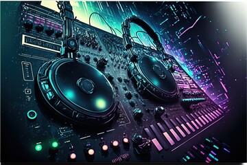 DJ audio mixer cyberpunk effect. Generative AI
