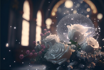 Fototapeta na wymiar Boda Rosas Blancas - White Roses Church Wedding Marriage - Generative AI