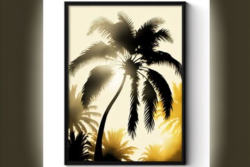 Tropical palm tree silhouette against sunlight. With white frame. Generative AI