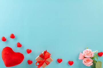 Valentines day with red heart, candle and gift box on background