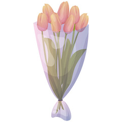 bouquet of tulips in transparent packaging. flowers in cartoon style