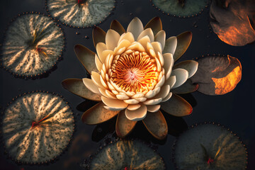 waterlily on the lake at sunset seen from above. Generative AI - obrazy, fototapety, plakaty