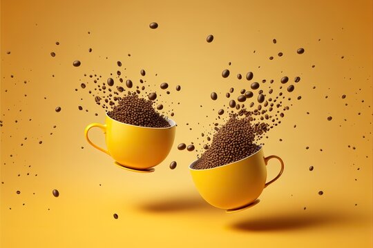 Yellow coffee cups and roasted coffee beans flying on a yellow background. Generative AI
