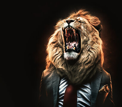 Mad Roaring Lion, With Head Back, Dressed Up Like Business Man. King Of The Jungle In An Expensive Grey Business Suit, Red Tie On A Dark Background. Angry Aggressive Leo Showing Teeth. Generative Ai. 