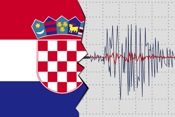 Fototapeta na wymiar Earthquake in Croatia, natural disasters news banner idea, seismic wave with flag