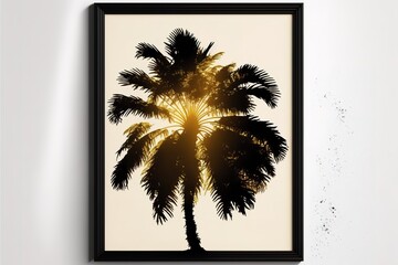 Tropical palm tree silhouette against sunlight. With white frame. Generative AI