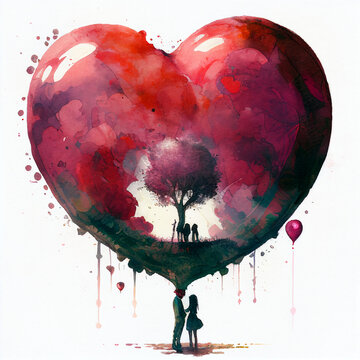 Dzień zakochanych, walentynki, para zakochanych trzymający abstrakcyjne serce w kształcie balonu