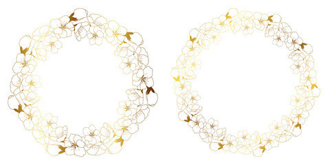 Spring wreath of cherry blossoms. Gold round frame with space for text. Template for postcard, invitation card, banner. Vector illustration on transparent background