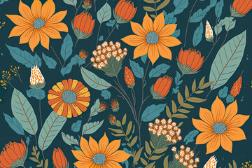 Orange flowers on blue and green background. Seamless valentine background wallpaper pattern with room for style and text.