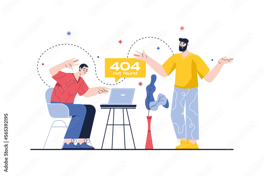 Aufkleber concept 404 not found with people scene in the flat cartoon design. two programmer try to find the e
